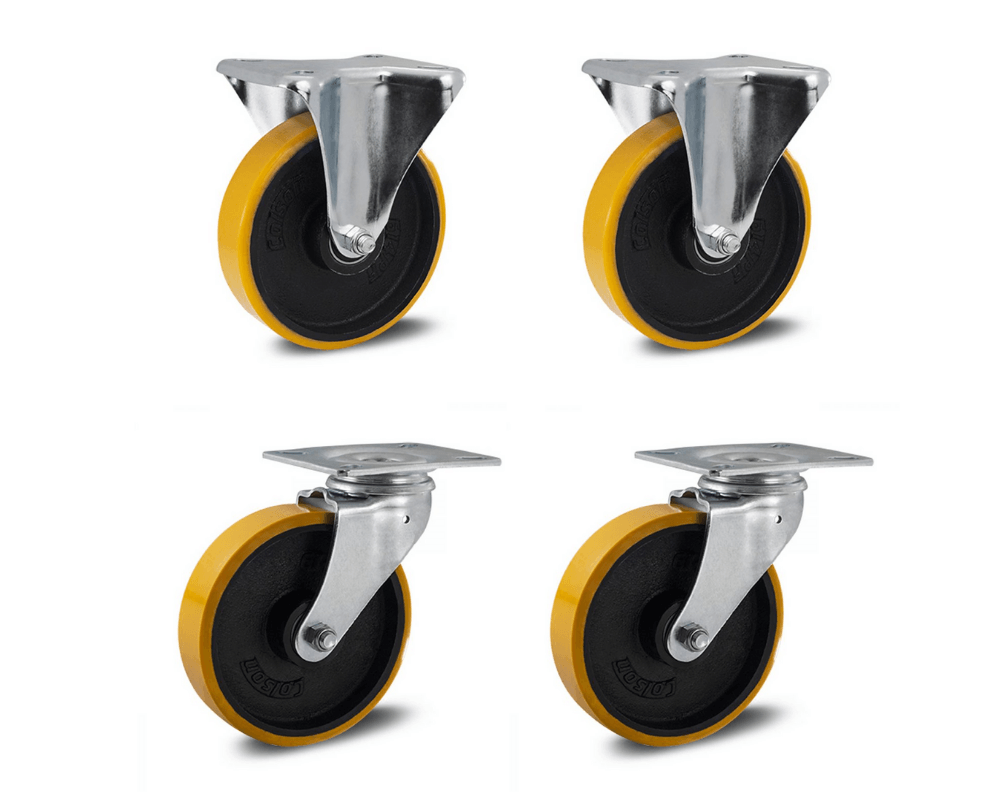 Kit com 4 Rodizios 5'' 2 Fixo + 2 Giratório s/ Freio PU 900kg Colson