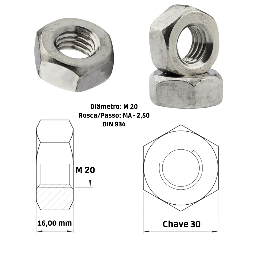 Porca sextavada inox 304 - m20-2,50 ma | CCP Virtual - ccp