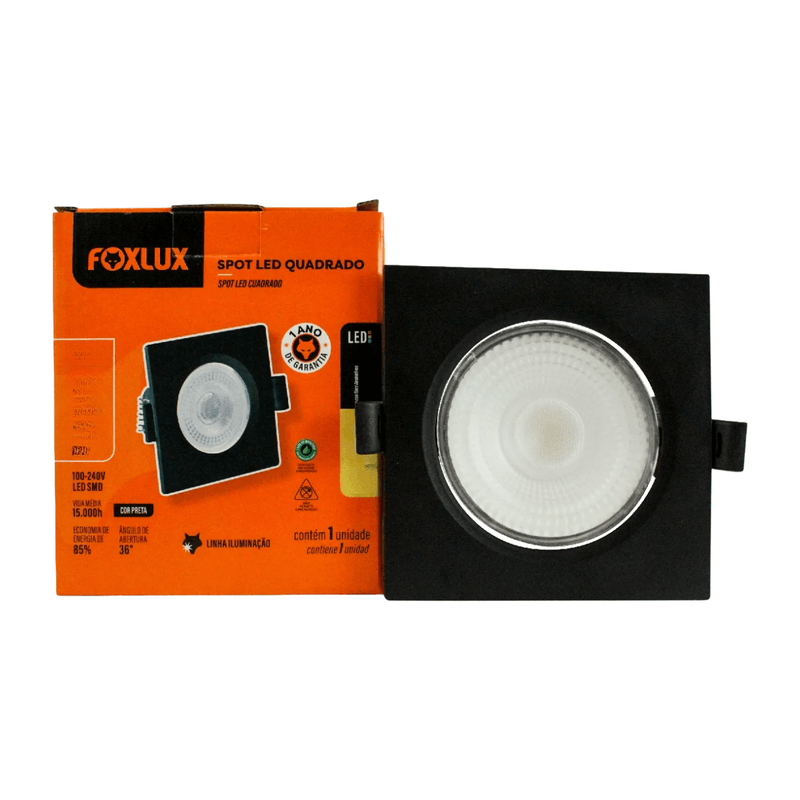 Spot de Led Quadrado Preto 5W 6500K Luz Fria Bivolt - Foxlux