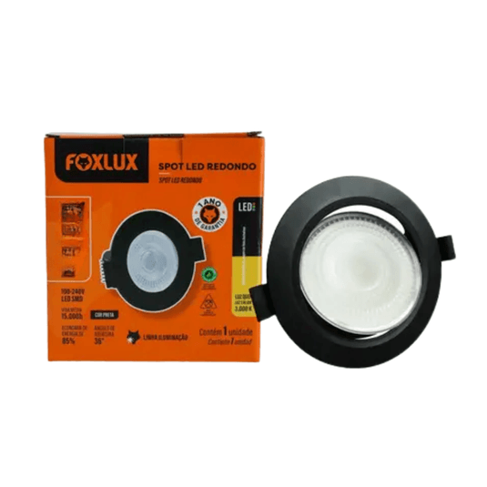 Spot de Led Redondo Preto 5W 6500K Luz Fria Bivolt - Foxlux