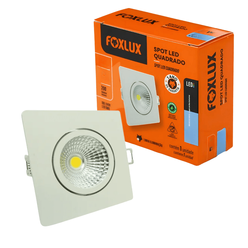 Spot de Led Quadrado 5W 3000K Luz Quente Bivolt - Foxlux
