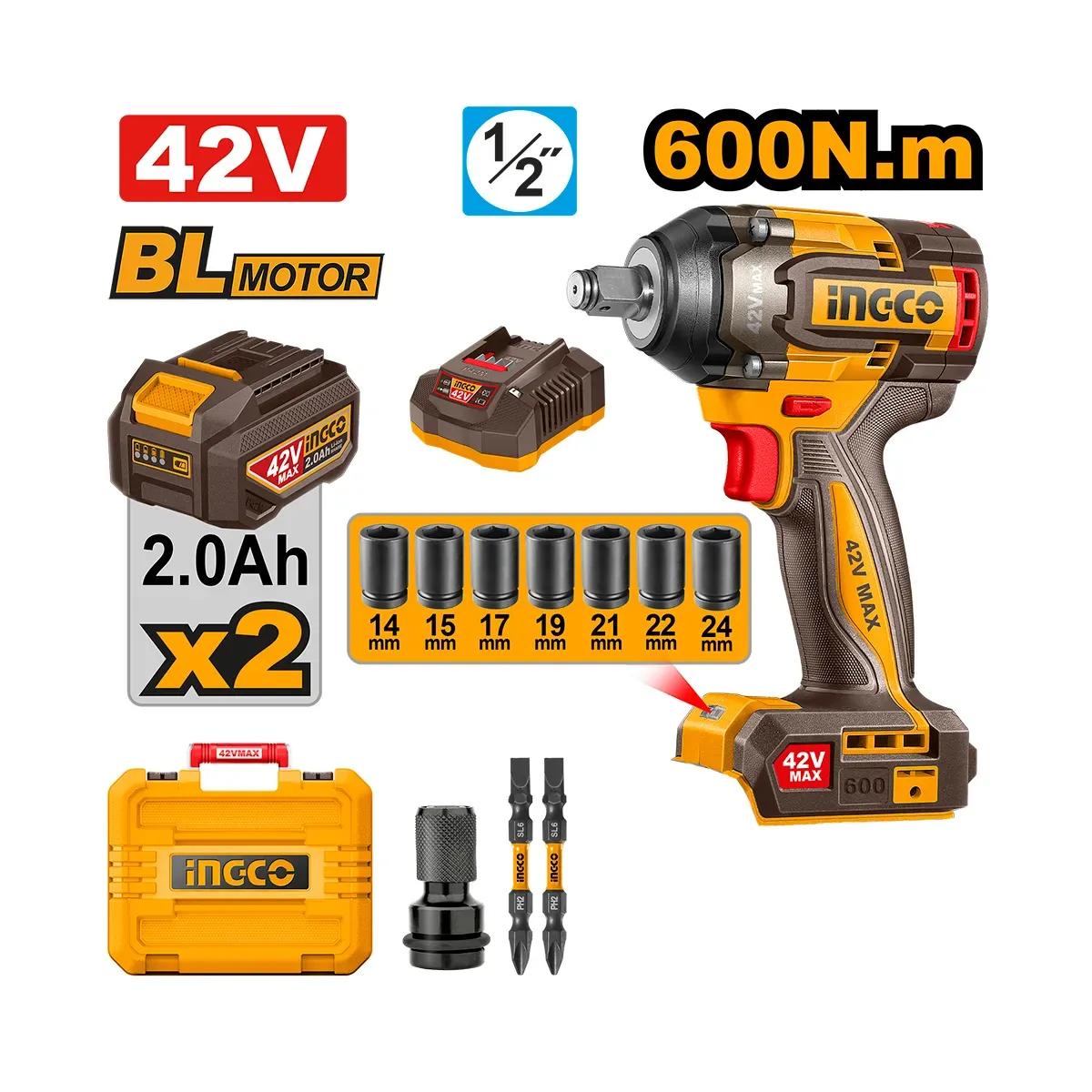Chave de Impacto Brushless 600Nm 42V P42M CIWLI42602-9 - Ingco